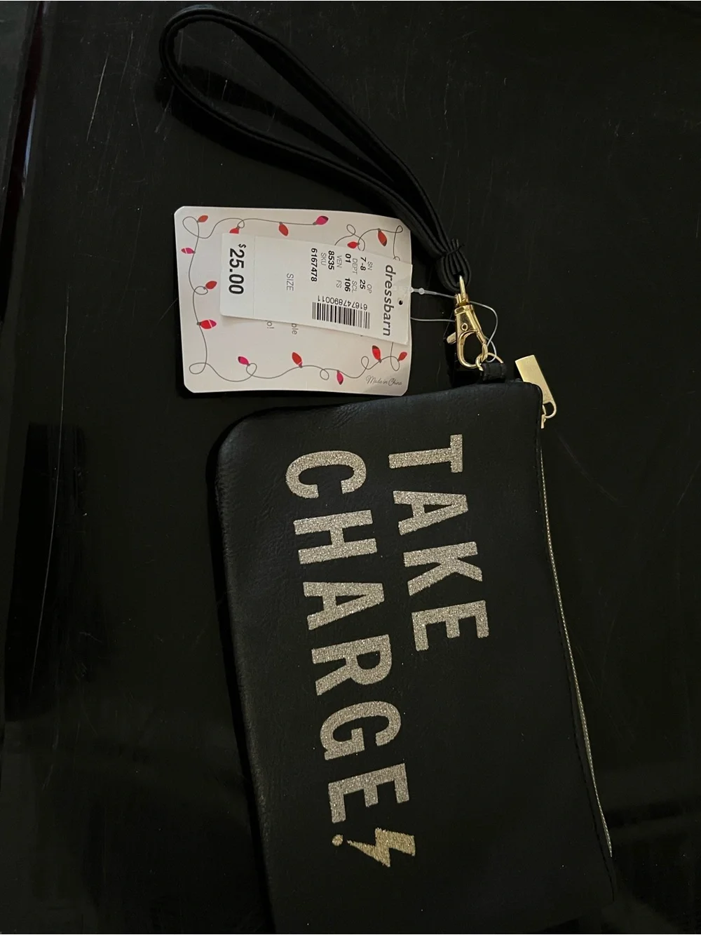 dressbarn Black Wristlet Clutch with Silver 'TAKE CHARGE' Lettering